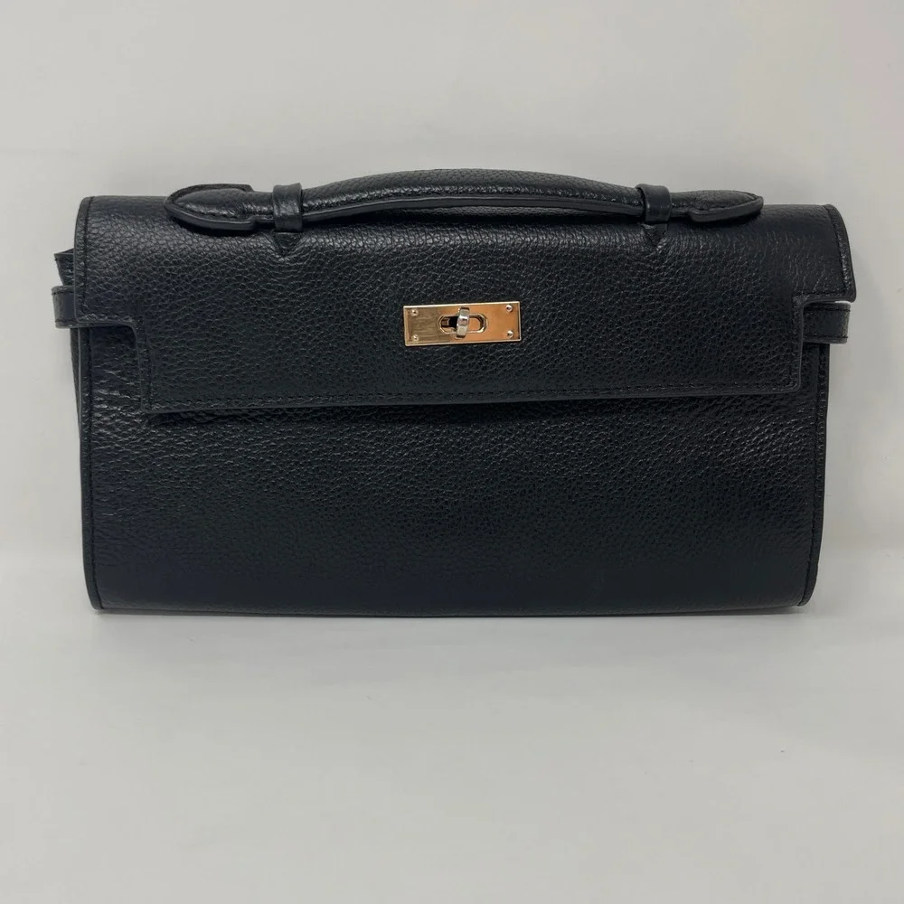 Zenith Black Pebbled Leather Clutch Bag Gold Turn Lock Hardware Handle Handbag